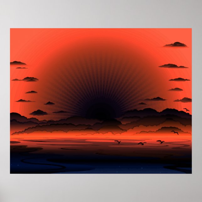 Vivid Dark Sunburst Beach Sky Poster (Front)