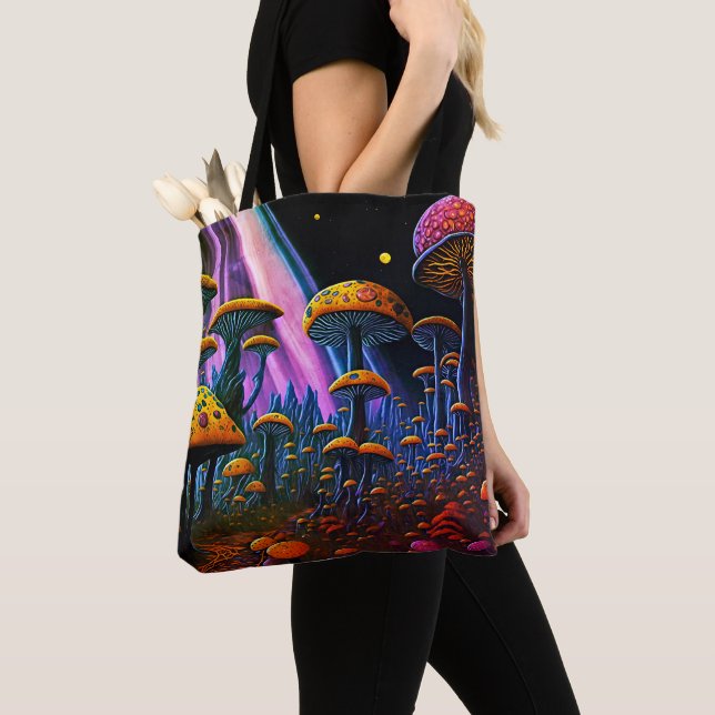 Vivid Fantasy Mushroom Planet Tote Bag (Close Up)