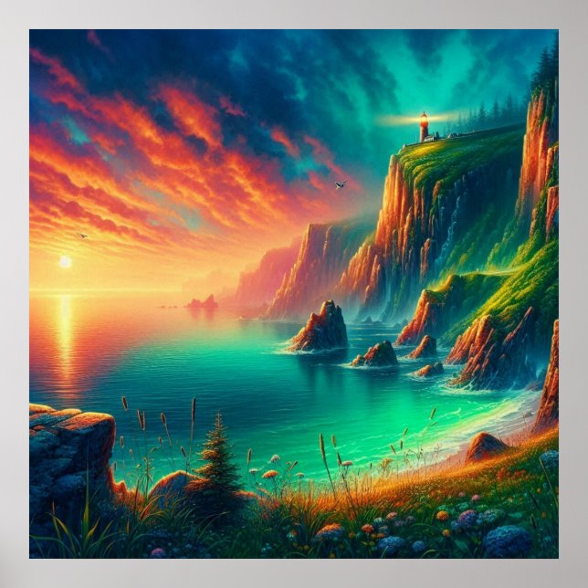 Vivid Fiery Digital Coastal Sunset Lighthouse Poster (Front)