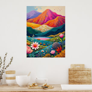 Vivid Floral Mountain Landscape – Vibrant Nature  Poster