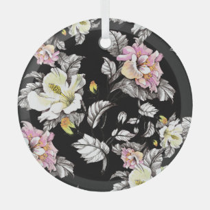 Vivid Floral Watercolor: Black Background Glass Tree Decoration