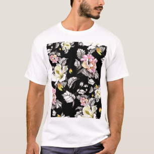 Vivid Floral Watercolor: Black Background T-Shirt