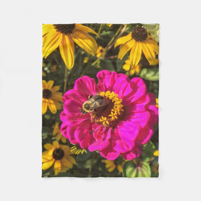 Vivid Flowers with Bee Fleece Blanket (Front)