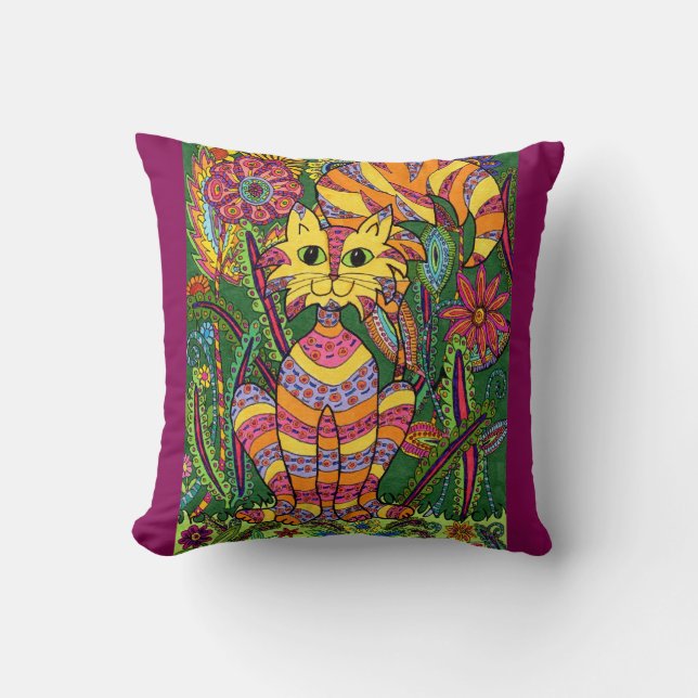 Vivid Garden Cat 2 with Purple Background Cushion (Front)