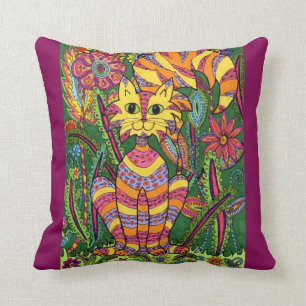 Vivid Garden Cat 2 with Purple Background Cushion