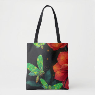 Vivid Green glowflies and Glowing Red Flowers Il Tote Bag