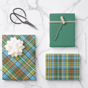 Vivid Green, Yellow, Burnt Orange & Blue Plaid Wrapping Paper Sheet