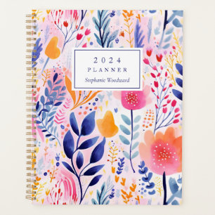 Vivid Hand Painted Botanical Blue Monogram 2024 Planner