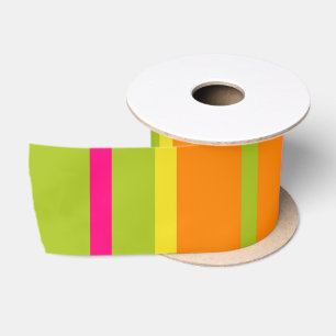 Vivid Hot Pink, Lime Green and Deep Orange Stripes Satin Ribbon