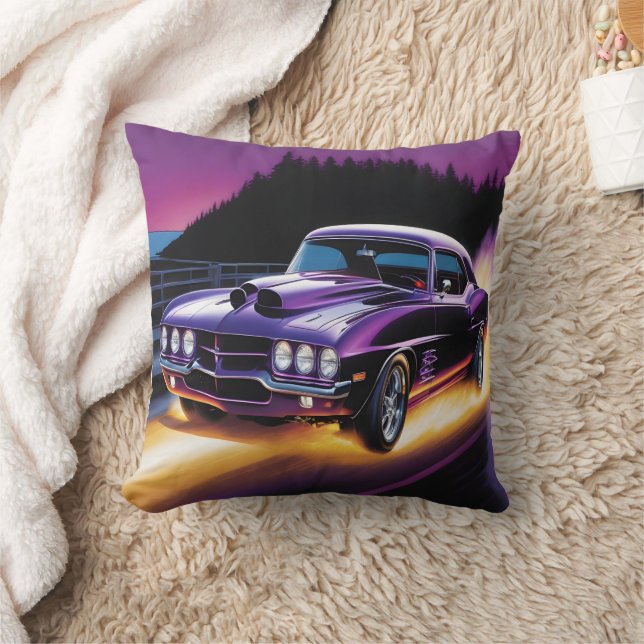 Vivid hotrod cruising along a scenic twilight road cushion (Blanket)