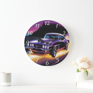 Vivid hotrod cruising along a scenic twilight road large clock