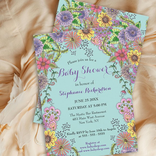 Vivid Intricate Spring Doodle Flowers Baby Shower Invitation (Creator Uploaded)