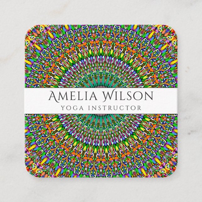 Vivid Jungle Garden Mandala Square Business Card (Front)