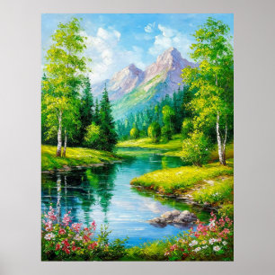 Vivid Landscape With Mountains, River Scenery Poster