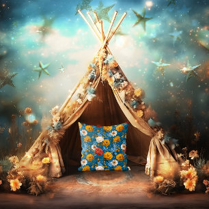 Vivid Maximalist Yellow and Cream on Blue Floral  Cushion