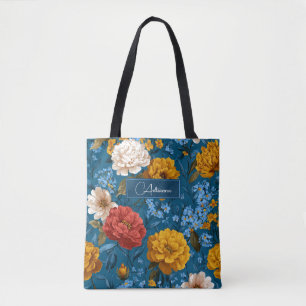 Vivid Maximalist Yellow and Cream on Blue Floral Tote Bag