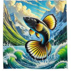 Vivid Mountain Fish Scene Shower Curtain