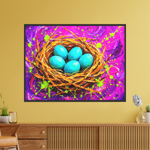 Vivid Neon Bird Nest Canvas Print - Modern Art