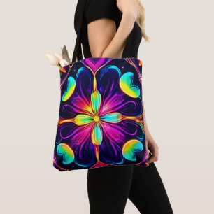 Vivid Neon Floral Mandala Art Tote Bag