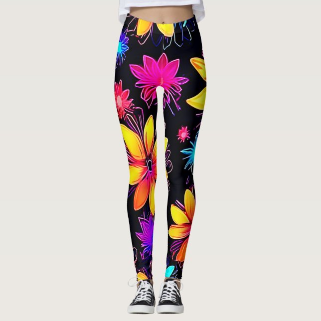 Vivid Neon Floral Pattern Leggings (Front)