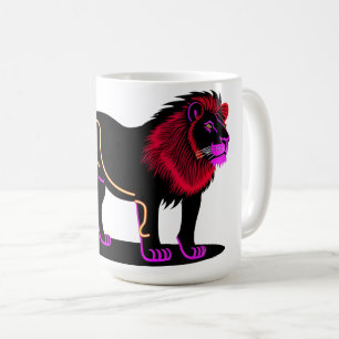Vivid Neon Lion Illustration with Vibrant Magenta Coffee Mug