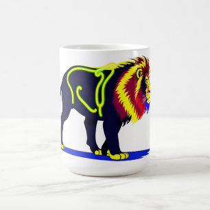 Vivid Neon Lion Illustration with Vibrant Magenta Coffee Mug