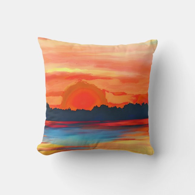 Vivid Ocean Sunset in Fiery Orange Cushion (Front)