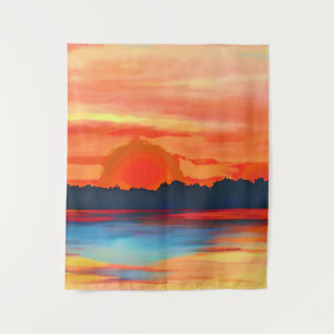 Vivid Ocean Sunset in Fiery Orange Tapestry