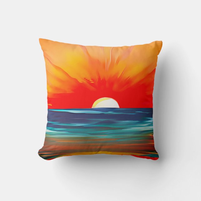 Vivid Ocean Sunset in Orange and Blue Cushion (Front)