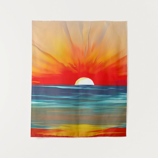 Vivid Ocean Sunset in Orange and Blue Tapestry (Front)
