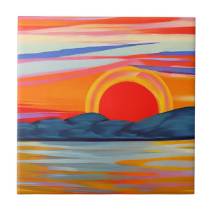 Vivid Ocean Sunset Over Mountains Ceramic Tile