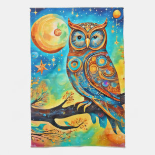 Vivid Owl Celestials: Wonder and Magic Tea Towel