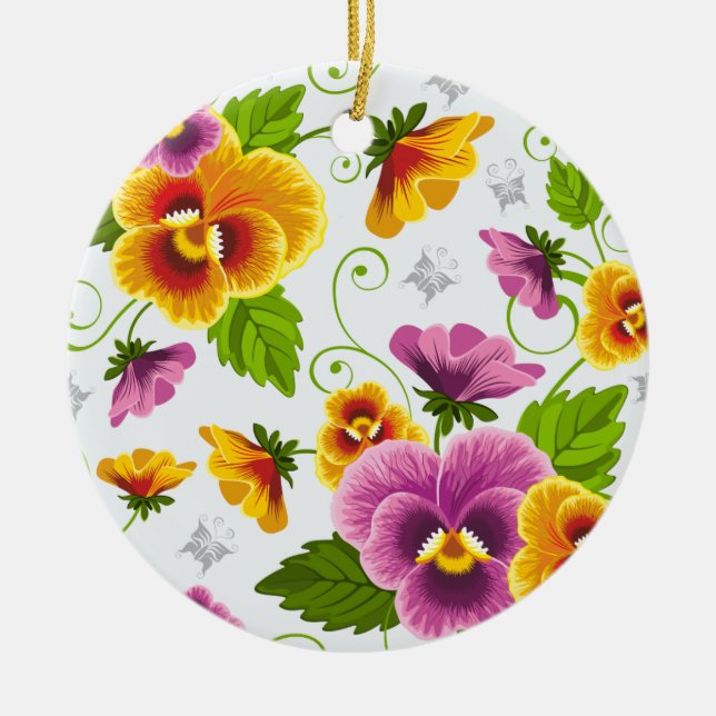 Vivid pansy flowers ceramic tree decoration (Front)