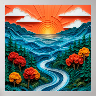 Vivid Paper Art Depicting a Serene Sunset Poster