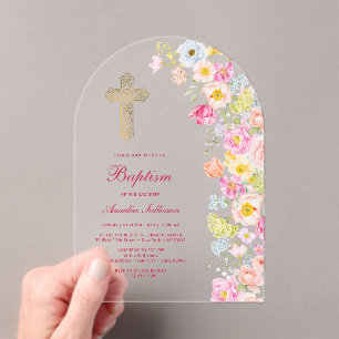 Vivid Pastel Flowers Arch Baptism Acrylic Invitations
