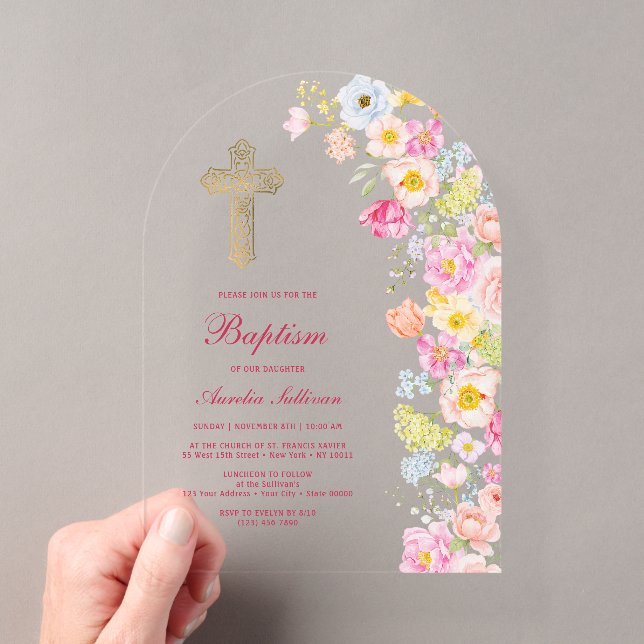 Vivid Pastel Flowers Arch Baptism Acrylic Invitations (Insitu (Handheld))