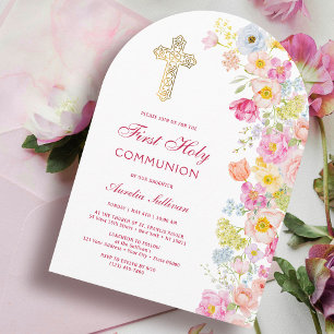 Vivid Pastel Flowers Arch First Communion Invitation