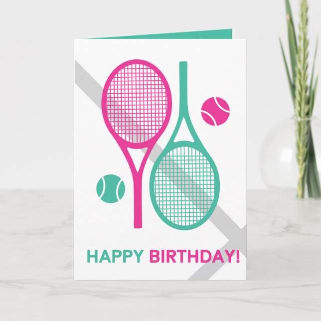 Vivid pink and mint tennis racket Birthday Card (Front)