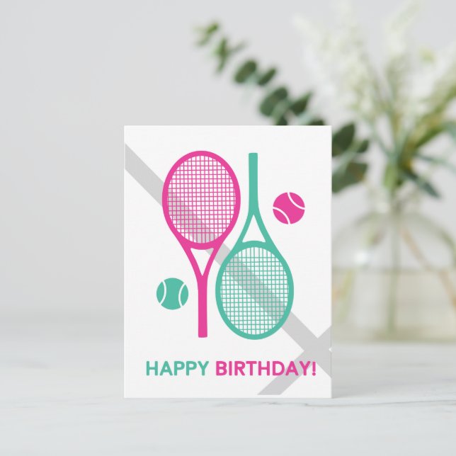 Vivid pink and mint tennis rackets Tennis Birthday Postcard (Standing Front)