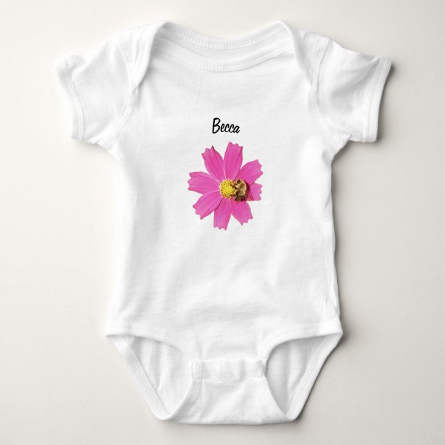 Vivid Pink Cosmos Flower with a Bee Personalised Baby Bodysuit (Front)