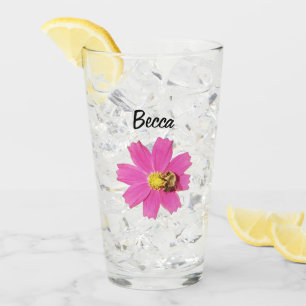 Vivid Pink Cosmos Flower with a Bee Personalised Glass