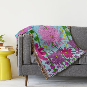Vivid Pink Flower Drawing on Blue Throw Blanket