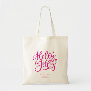 Vivid Pink Holly Jolly Christmas Tote Bag