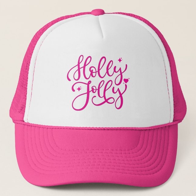 Vivid Pink Holly Jolly Christmas  Trucker Hat (Front)
