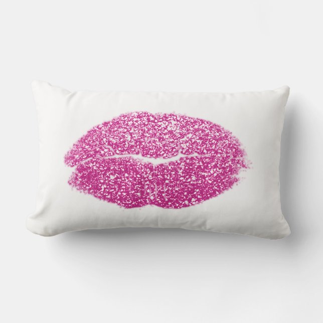 Vivid Pink Lips Glitter White Makeup Kiss Lumbar Cushion (Front)