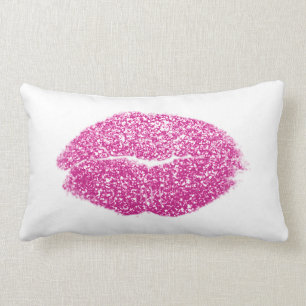 Vivid Pink Lips Glitter White Makeup Kiss Lumbar Cushion