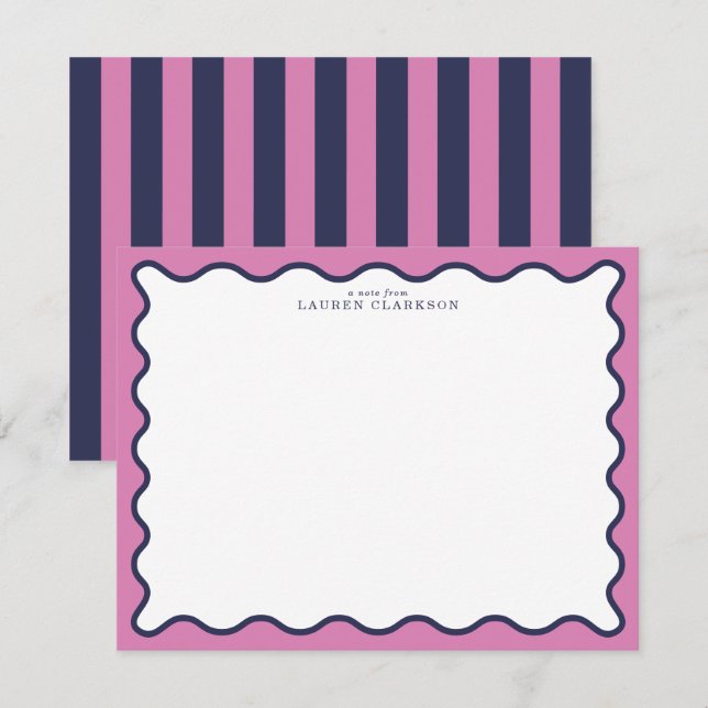 vivid Pink & Navy Wavy Border Note Card (Front/Back)