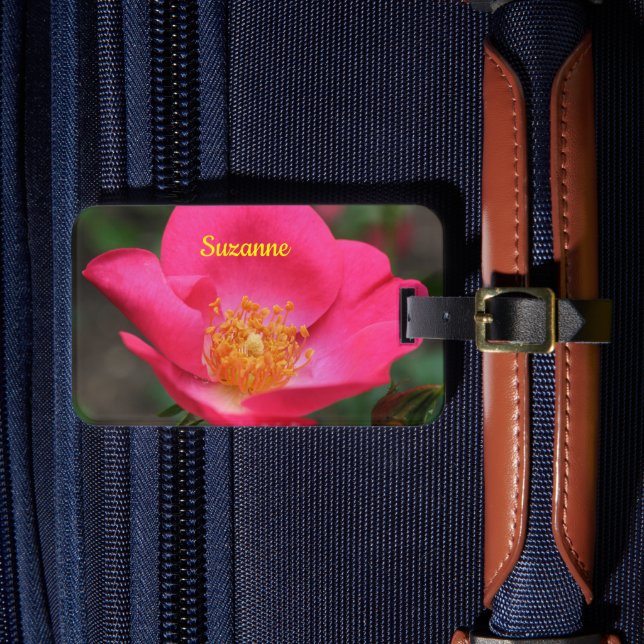 Vivid Pink Rose Petals Personalised Luggage Tag (Front Insitu 4)