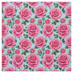 Vivid Pink Roses Patterned Against a Clear Sky Fabric