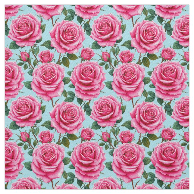 Vivid Pink Roses Patterned Against a Clear Sky Fabric (Swatch)